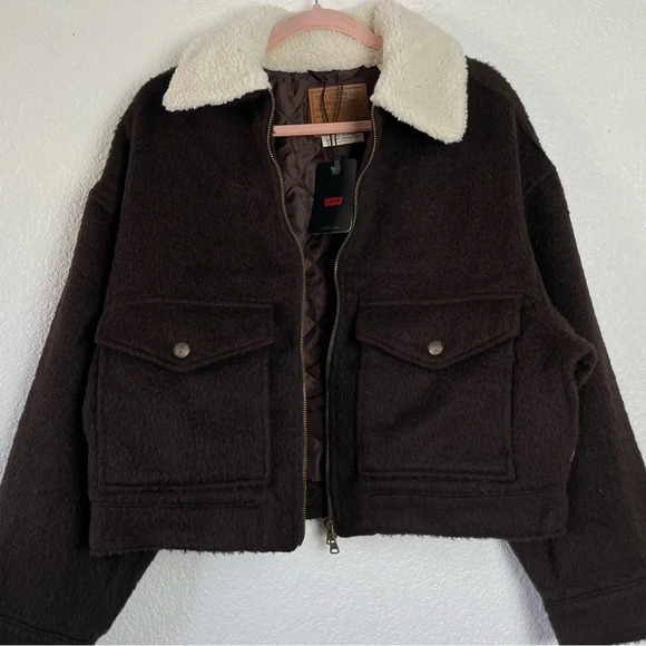 NWT Levis Cropped Wool Blend Trucker Jacket Chocolate Brown and Cream Size Large - Picture 9 of 15